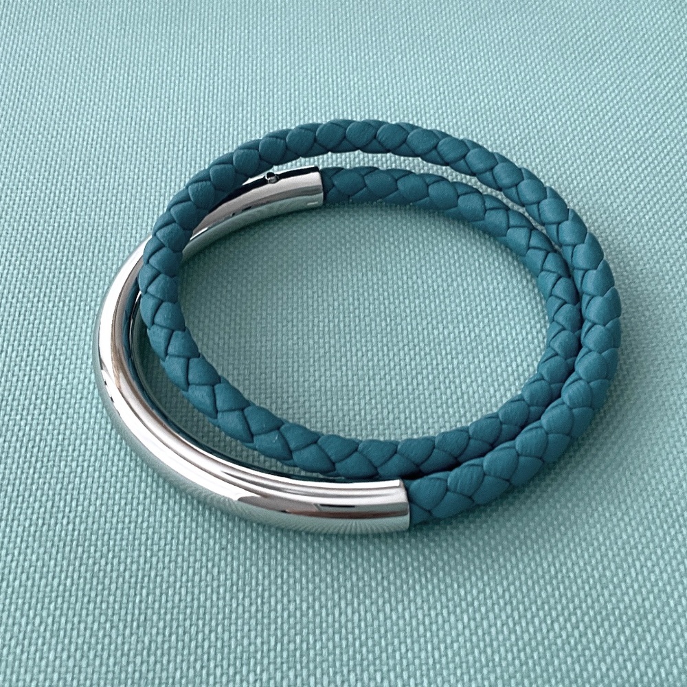 CHRISTOFLE Duo Complice Silver (925) Leather Wrap Bracelet Turquoise Sm…